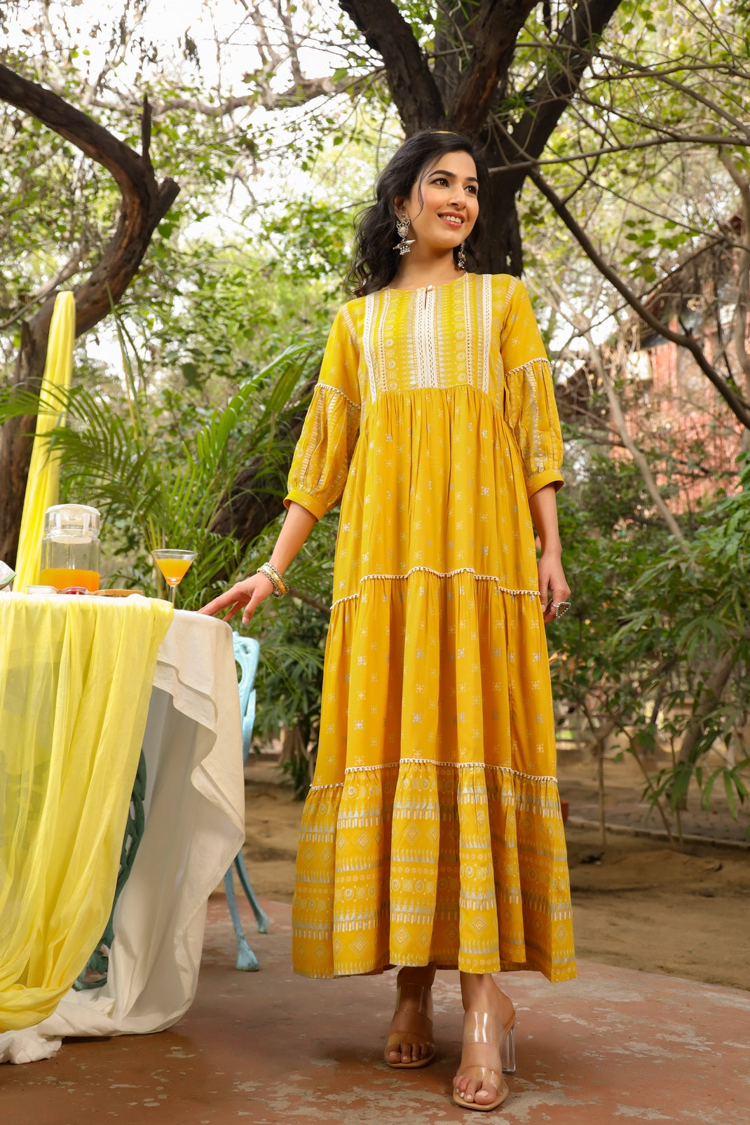 Mustard Rayon Printed Tiered Dress