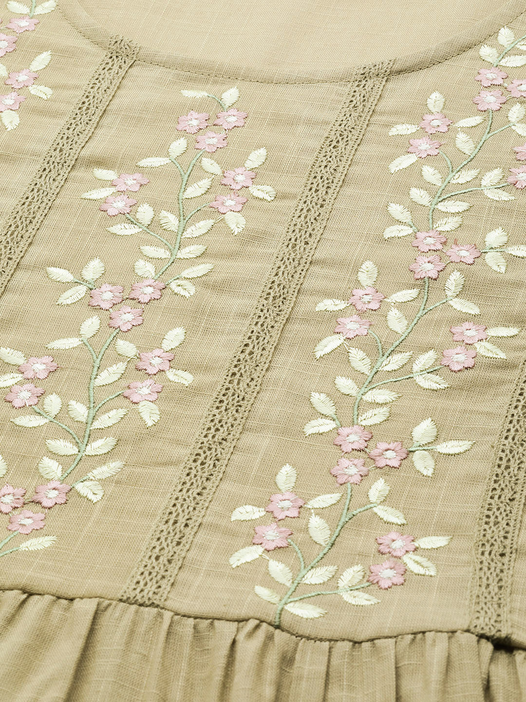 Women`s Olive Cotton Slub Embroidered Tiered Dress