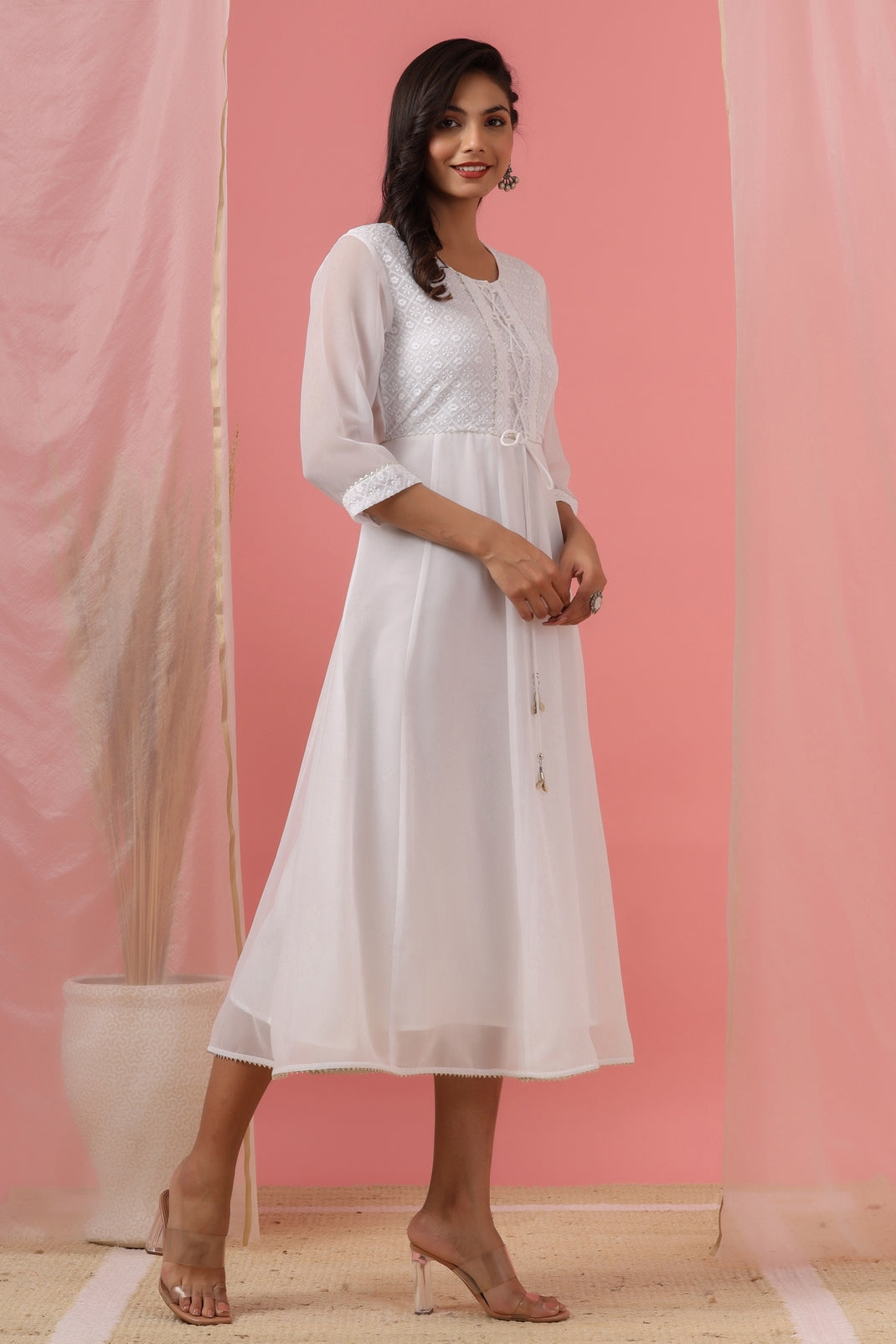 Women`s White Georgette Embroidered Anarkali Dress