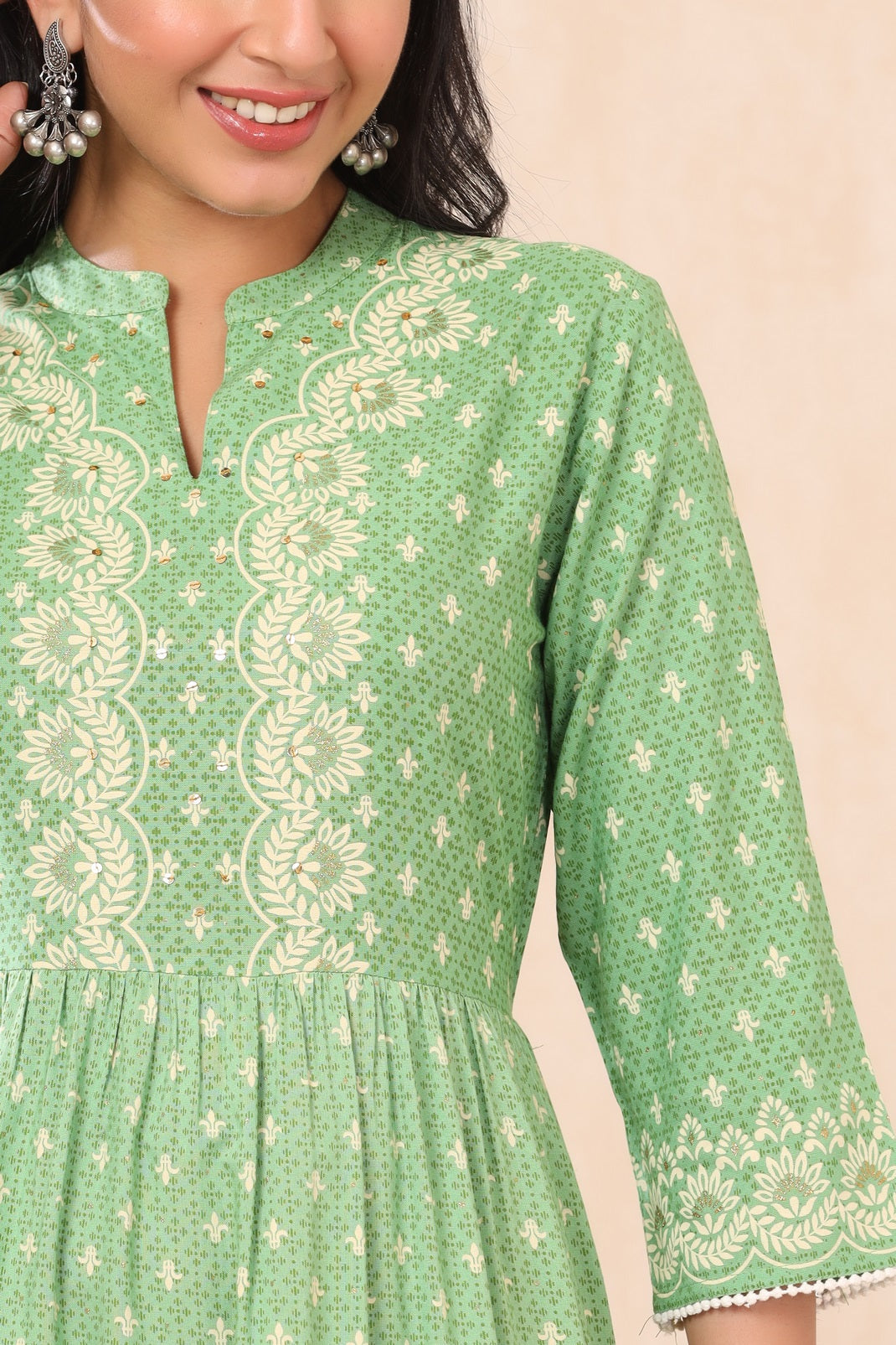 Green Rayon Printed Tiered Dress