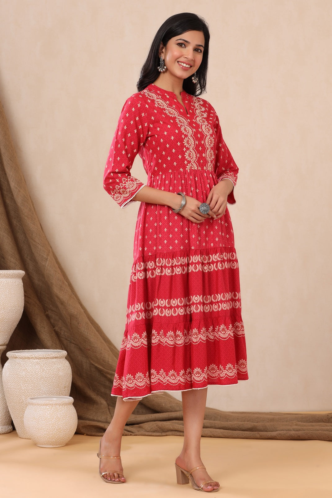 Red Rayon Printed Tiered Dress