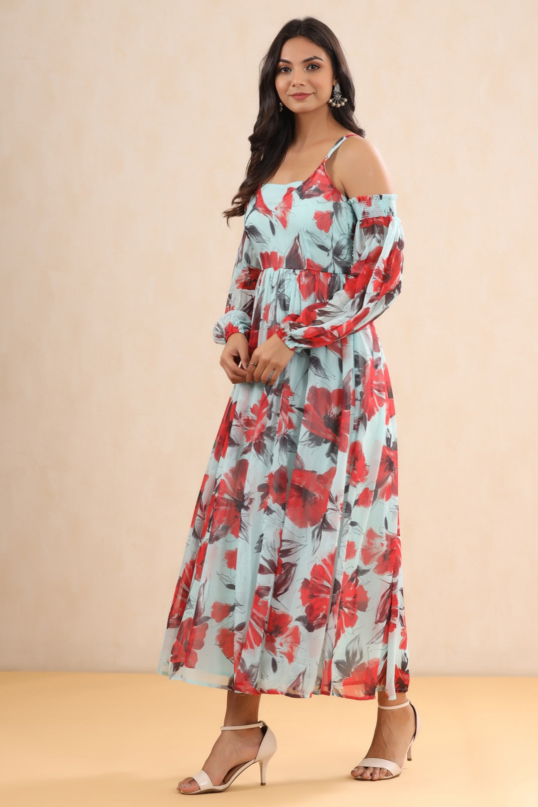 Mint Chiffon Printed Flared Dress