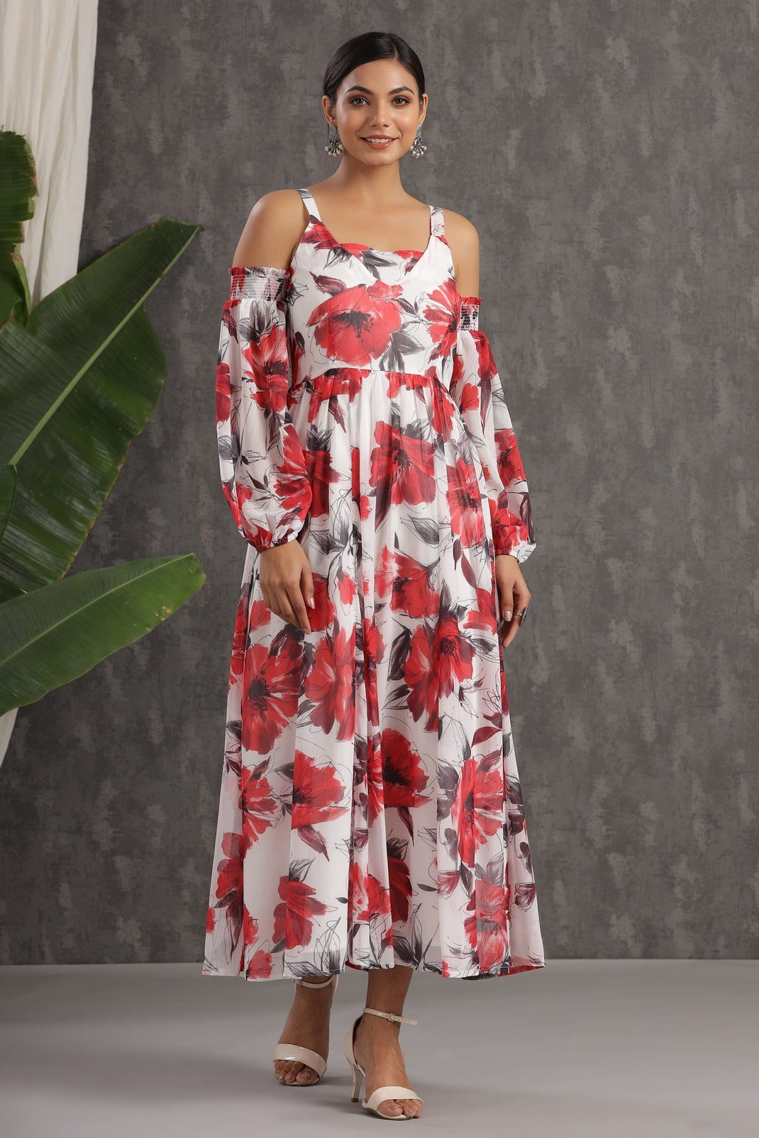 White Chiffon Printed Flared Dress