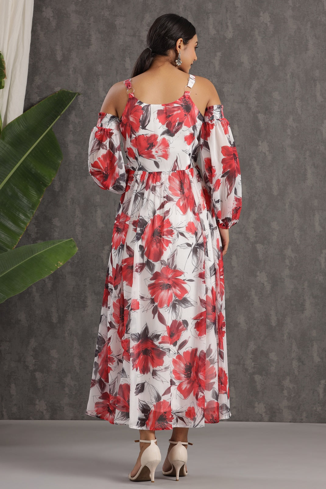 White Chiffon Printed Flared Dress