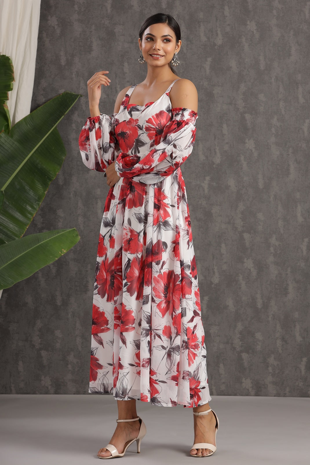 White Chiffon Printed Flared Dress