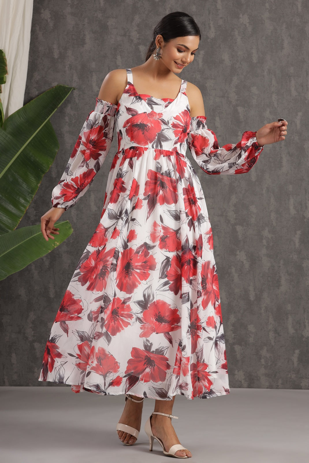 White Chiffon Printed Flared Dress