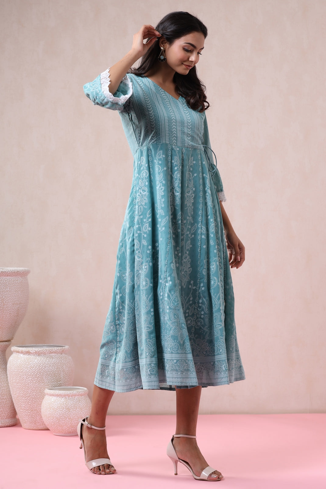 Blue Georgette Printed Angrakha Dress