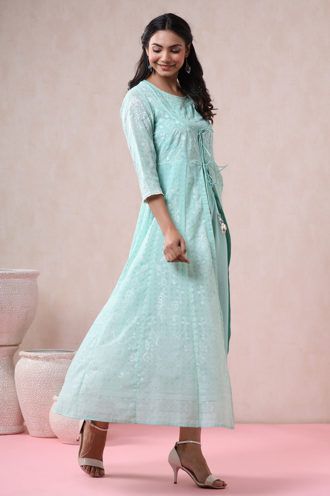 Mint Georgette Printed Layered Dress with Jacket