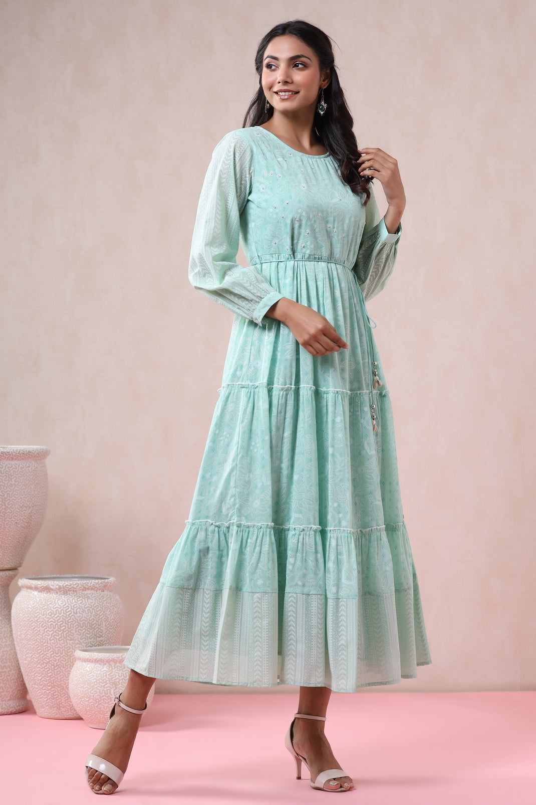 Mint Georgette Printed Tiered Dress with Tie-up Dori