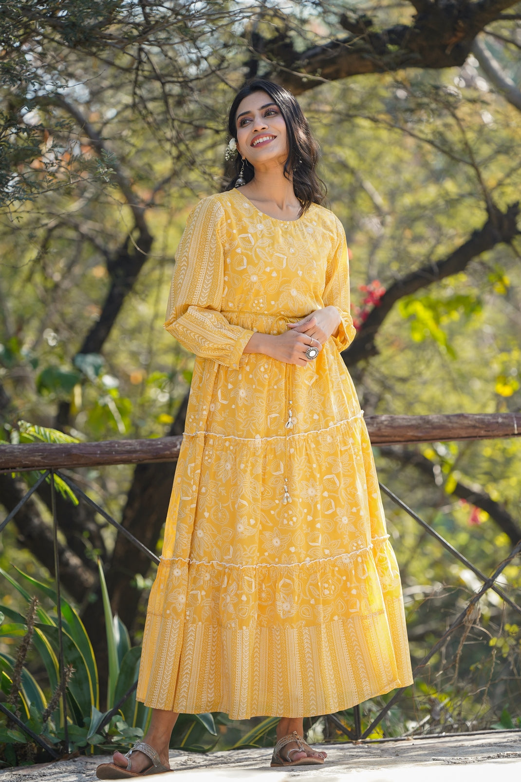 Yellow Georgette Printed Tiered Dress with Tie-up Dori