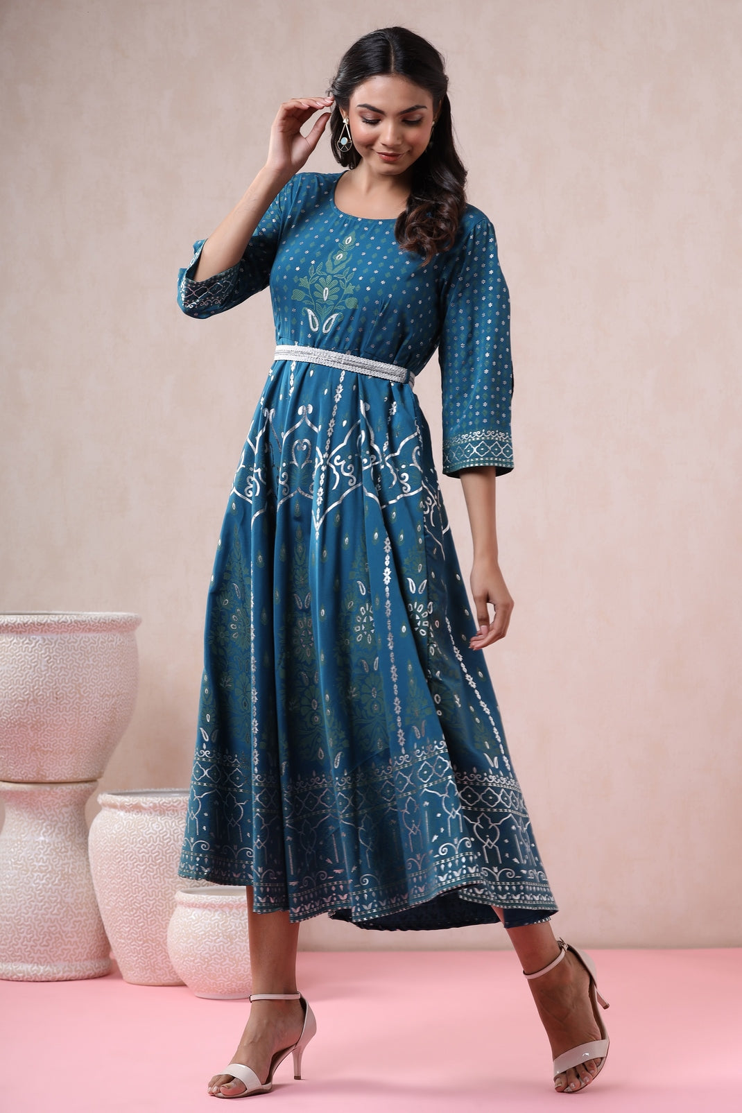 Blue American Crepe Printed Flared Dress with Belt