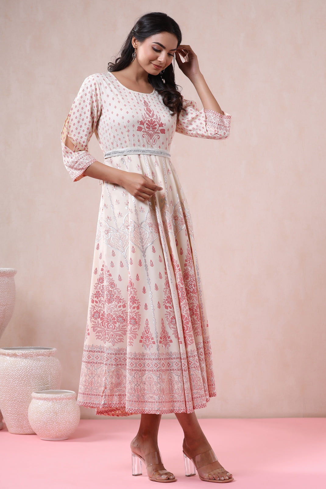 Ivory American Crepe Printed Flared Dress with Belt