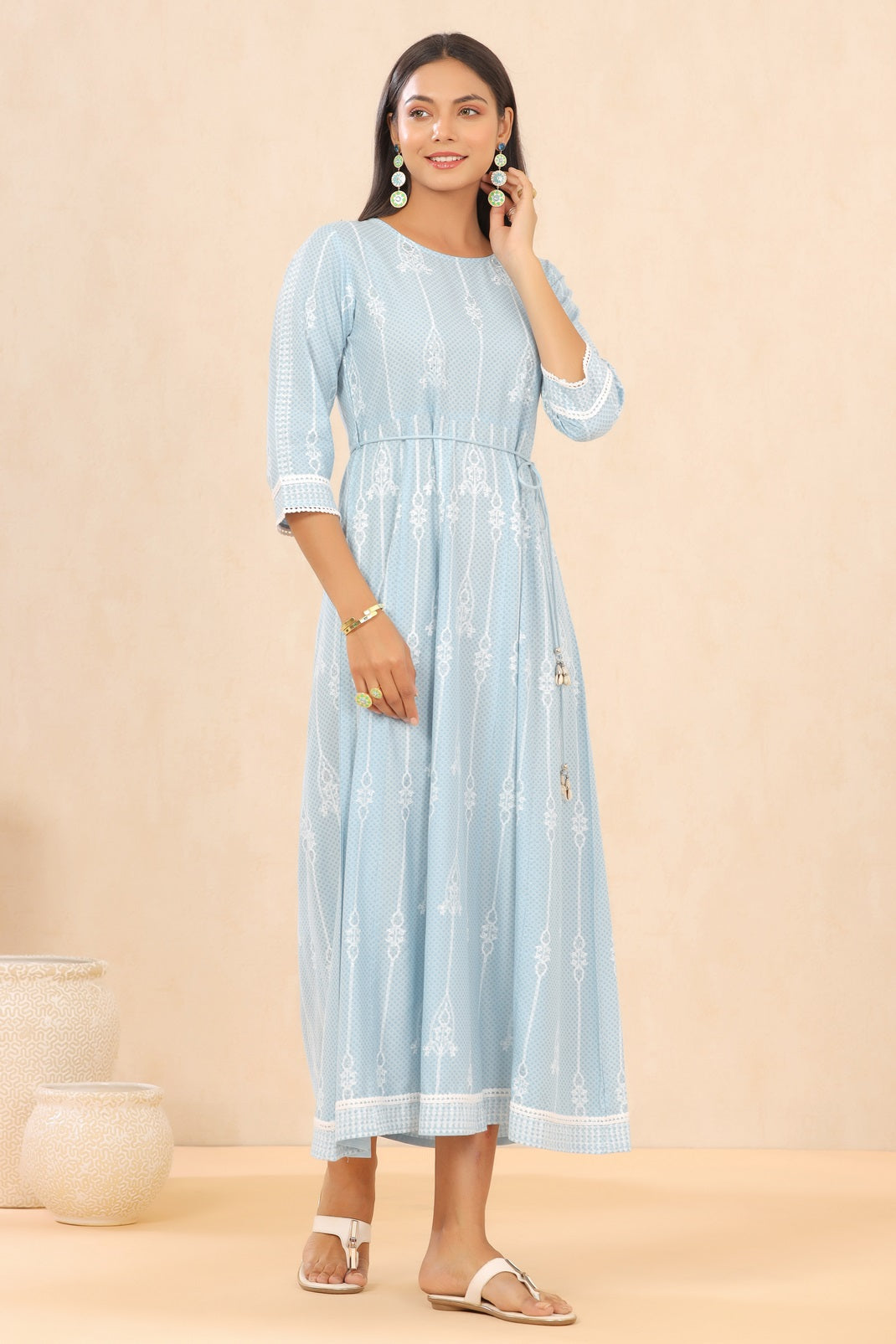 Blue Rayon Printed Anarkali Dress with Tie-up Dori