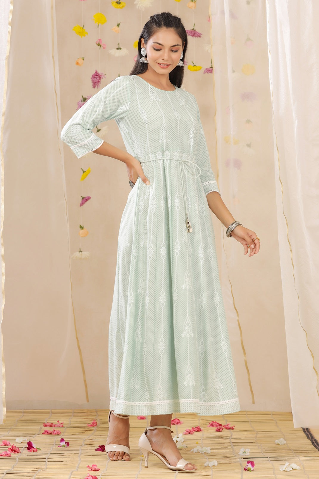 Mint Rayon Printed Anarkali Dress with Tie-up Dori