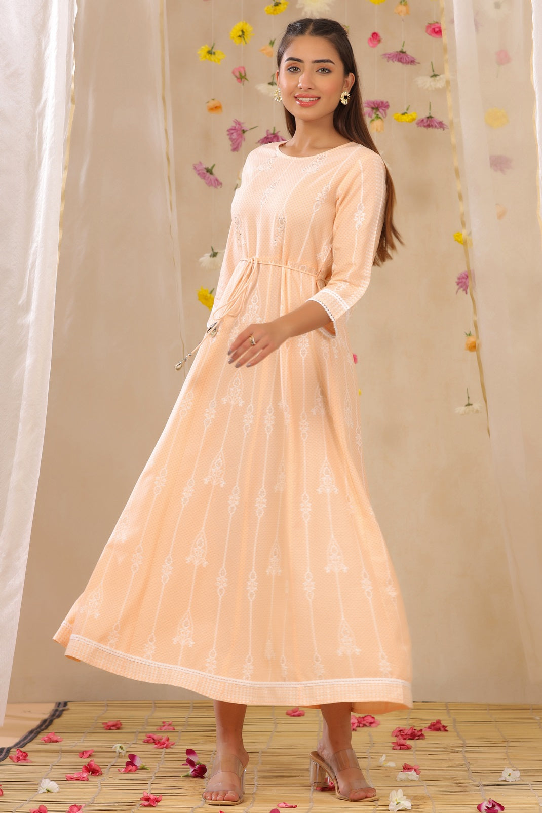 Peach Rayon Printed Anarkali Dress with Tie-up Dori