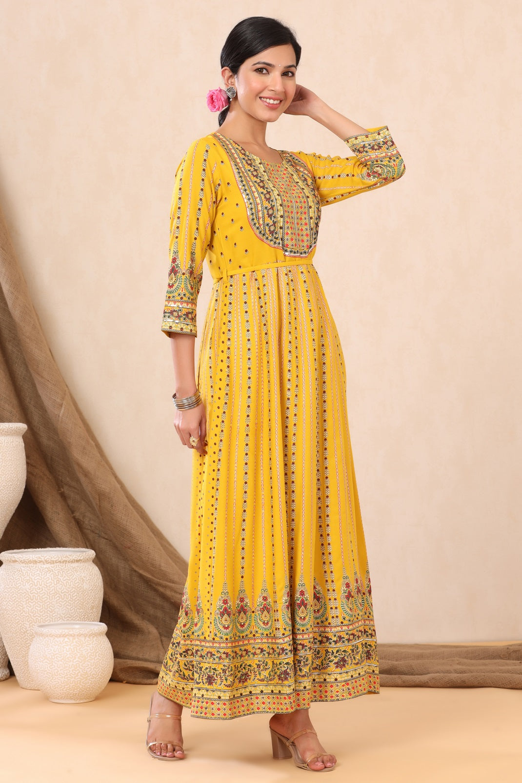 Mustard Rayon Printed Anarkali Dress