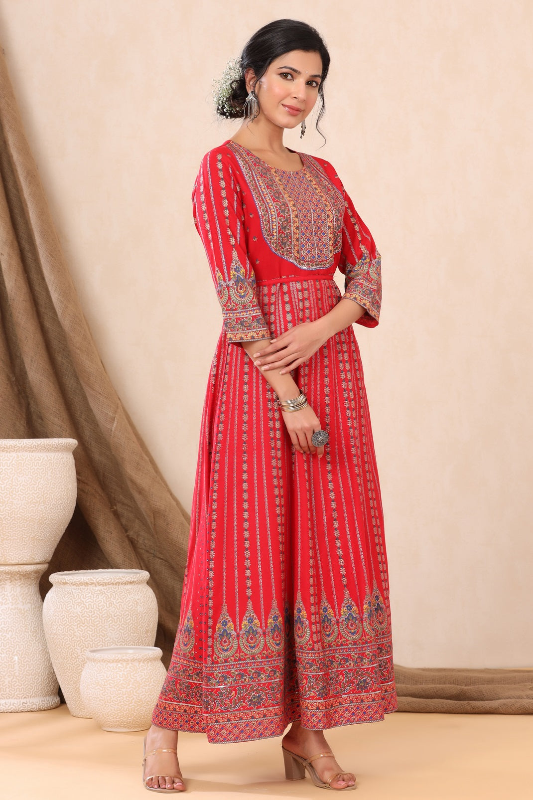 Red Rayon Printed Anarkali Dress