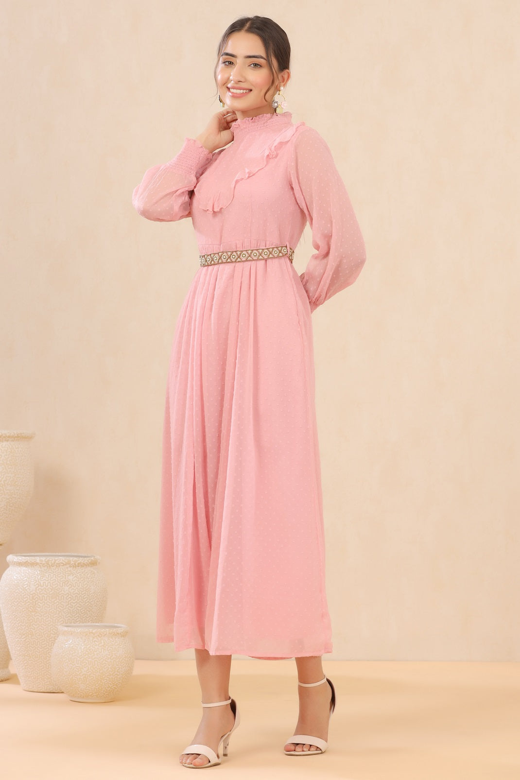 Pink Chiffon Dobby Flared Dress with Belt