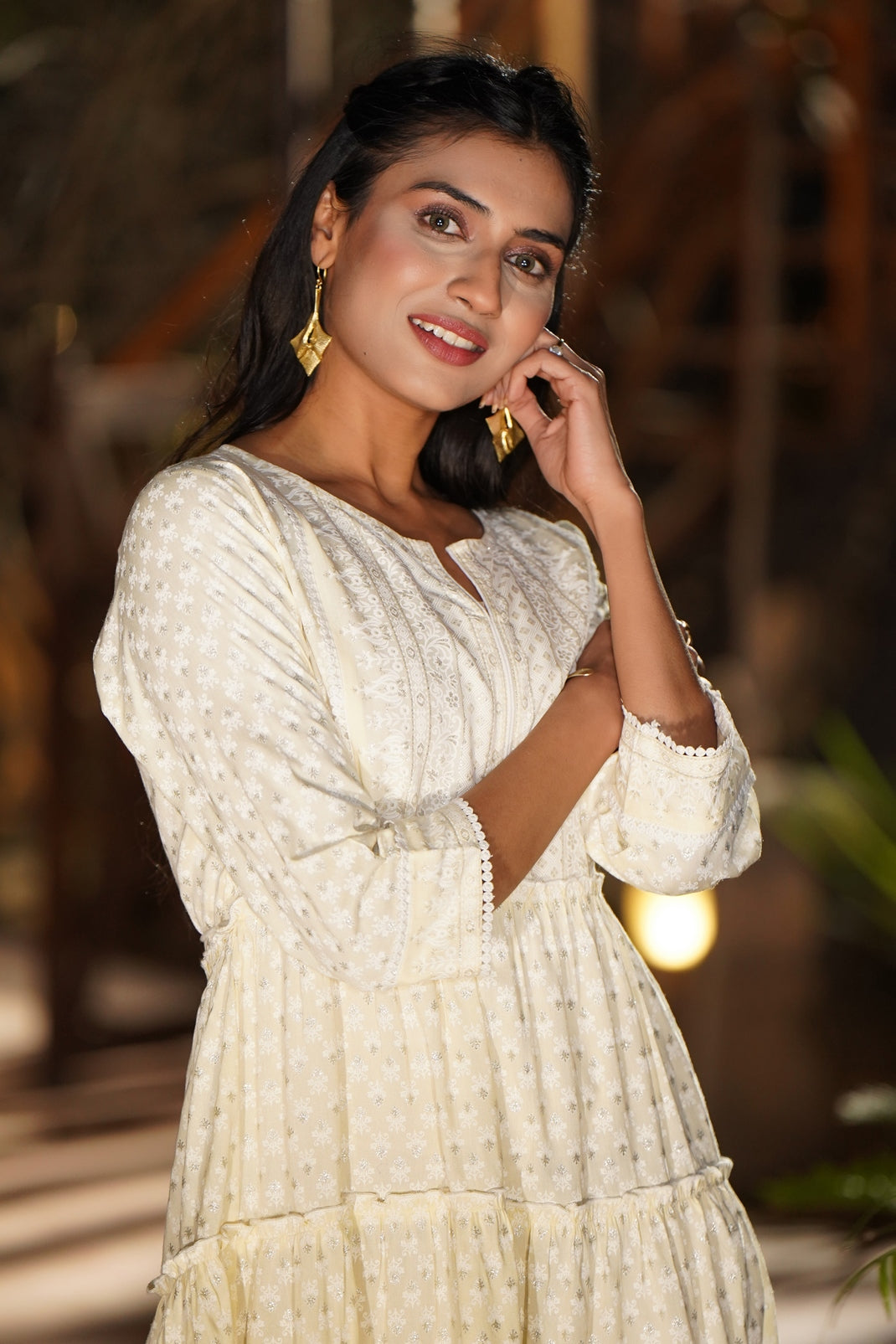 Light Yellow Rayon Printed Tiered Dress