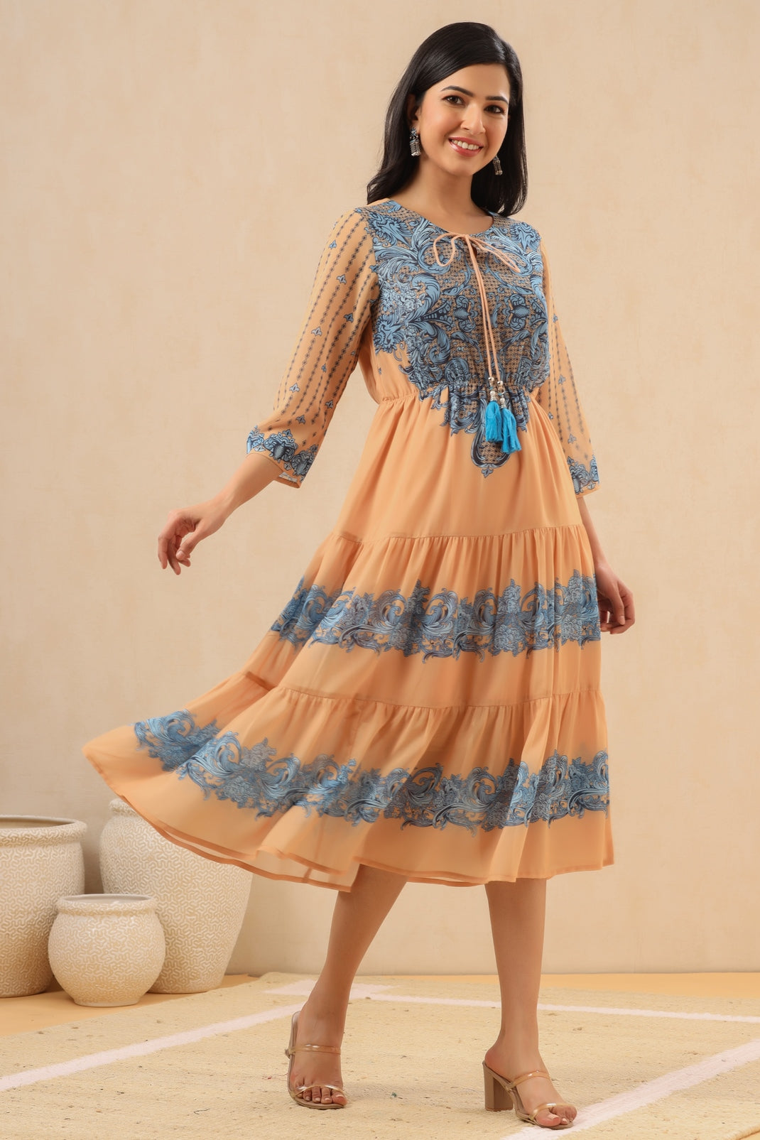 Women`s Gold Georgette Printed Tiered Dress