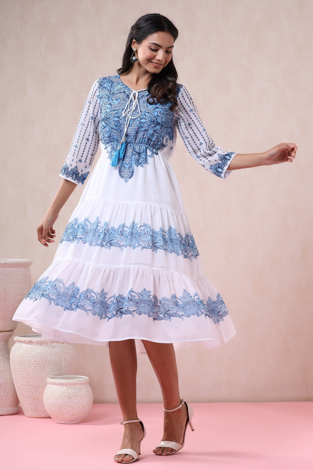 Offwhite Georgette Printed Tiered Dress