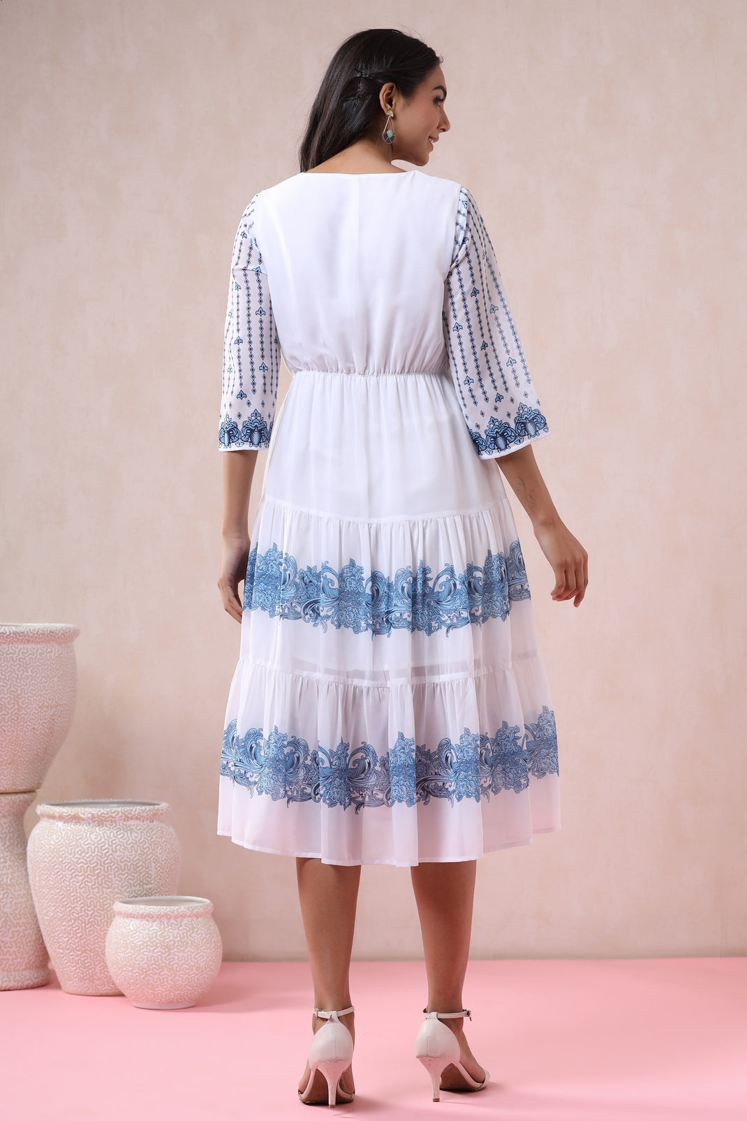 Offwhite Georgette Printed Tiered Dress