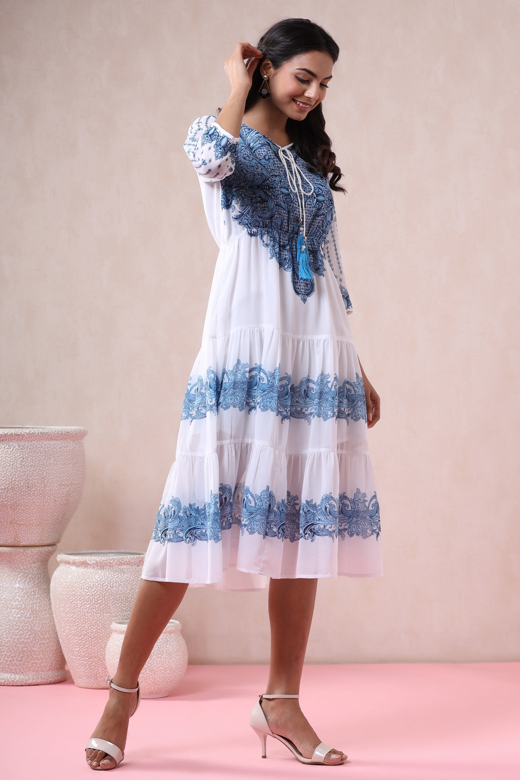 Offwhite Georgette Printed Tiered Dress