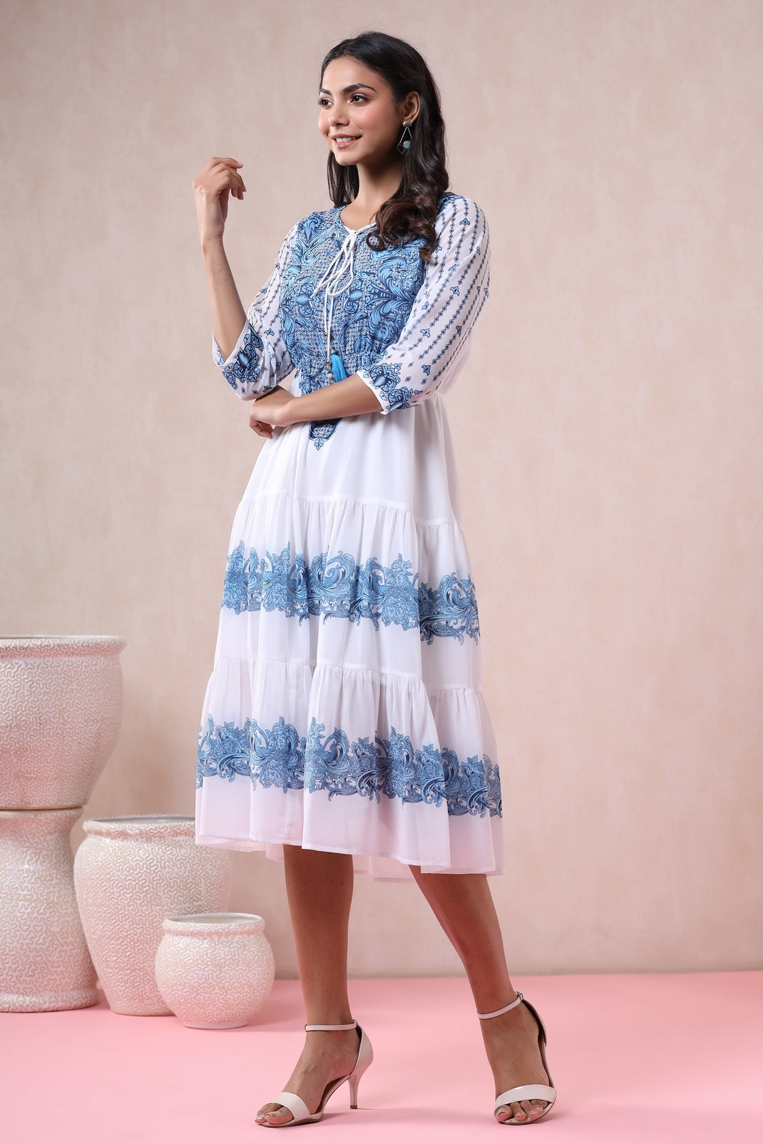 Offwhite Georgette Printed Tiered Dress