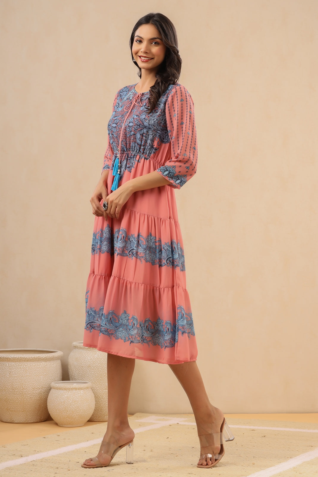 Women`s Pink Georgette Printed Tiered Dress