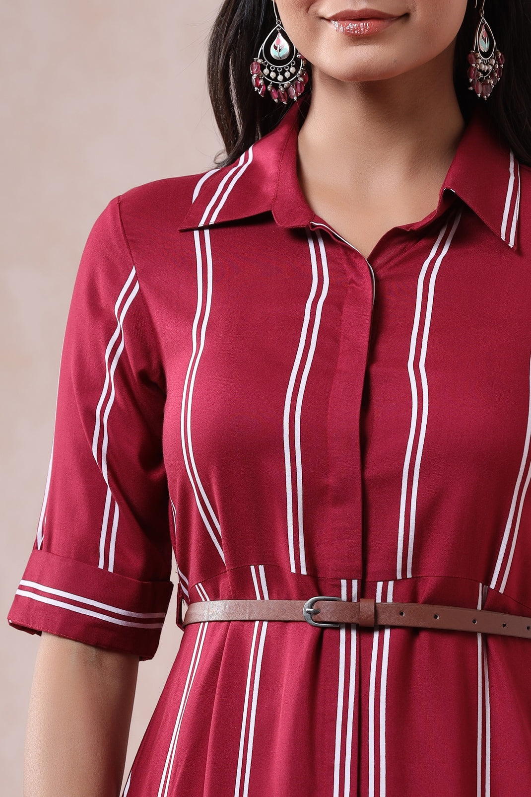 Maroon Rayon Striped A-Line Dress with Belt