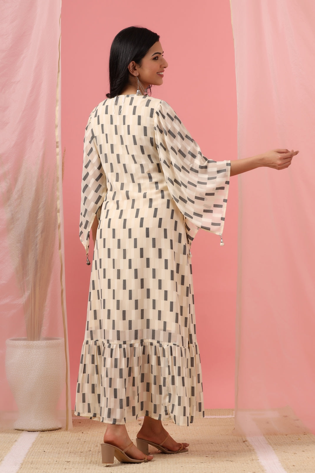 Women`s Cream Georgette Checks Flared Dress