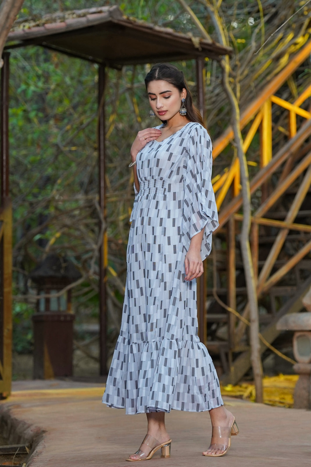 Grey Georgette Checks Flared Dress with Slip