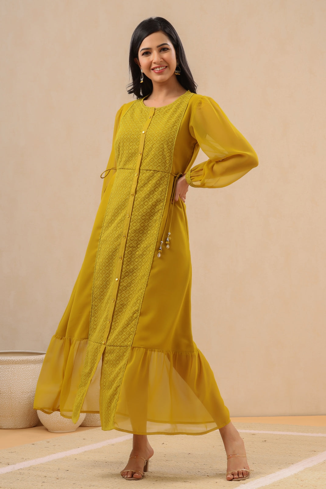 Women`s Mustard Georgette Embroidered A-Line Dress