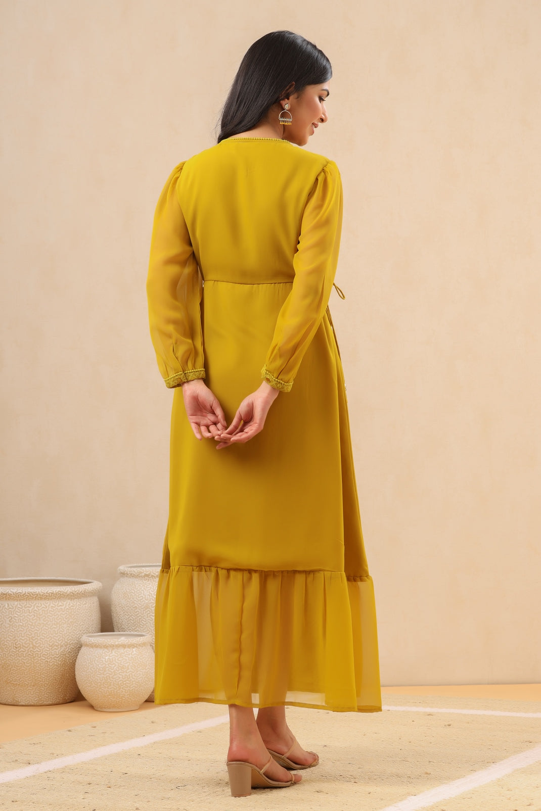 Women`s Mustard Georgette Embroidered A-Line Dress