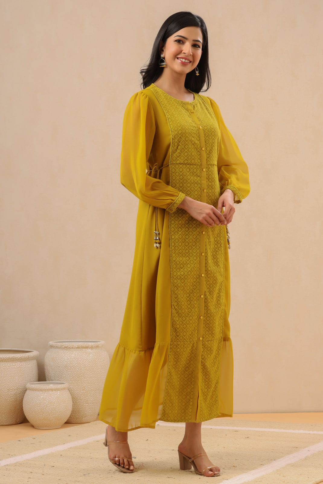 Women`s Mustard Georgette Embroidered A-Line Dress