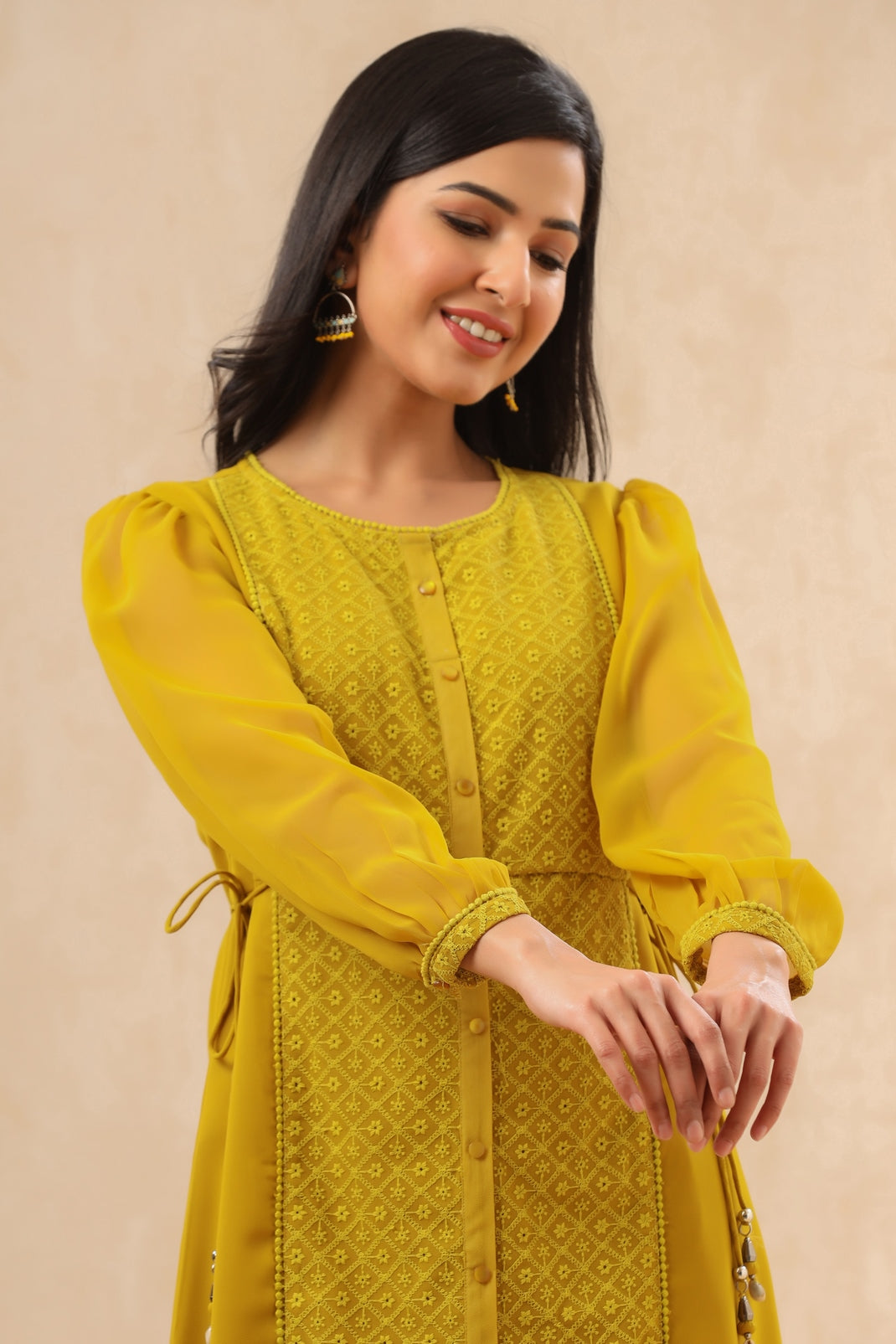 Women`s Mustard Georgette Embroidered A-Line Dress