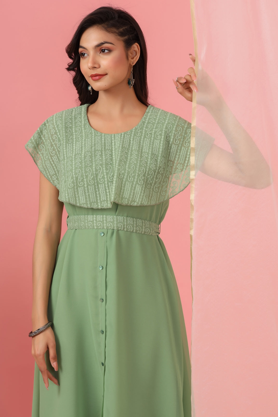 Women`s Sagegreen Georgette Embroidered Asymmetric Dress