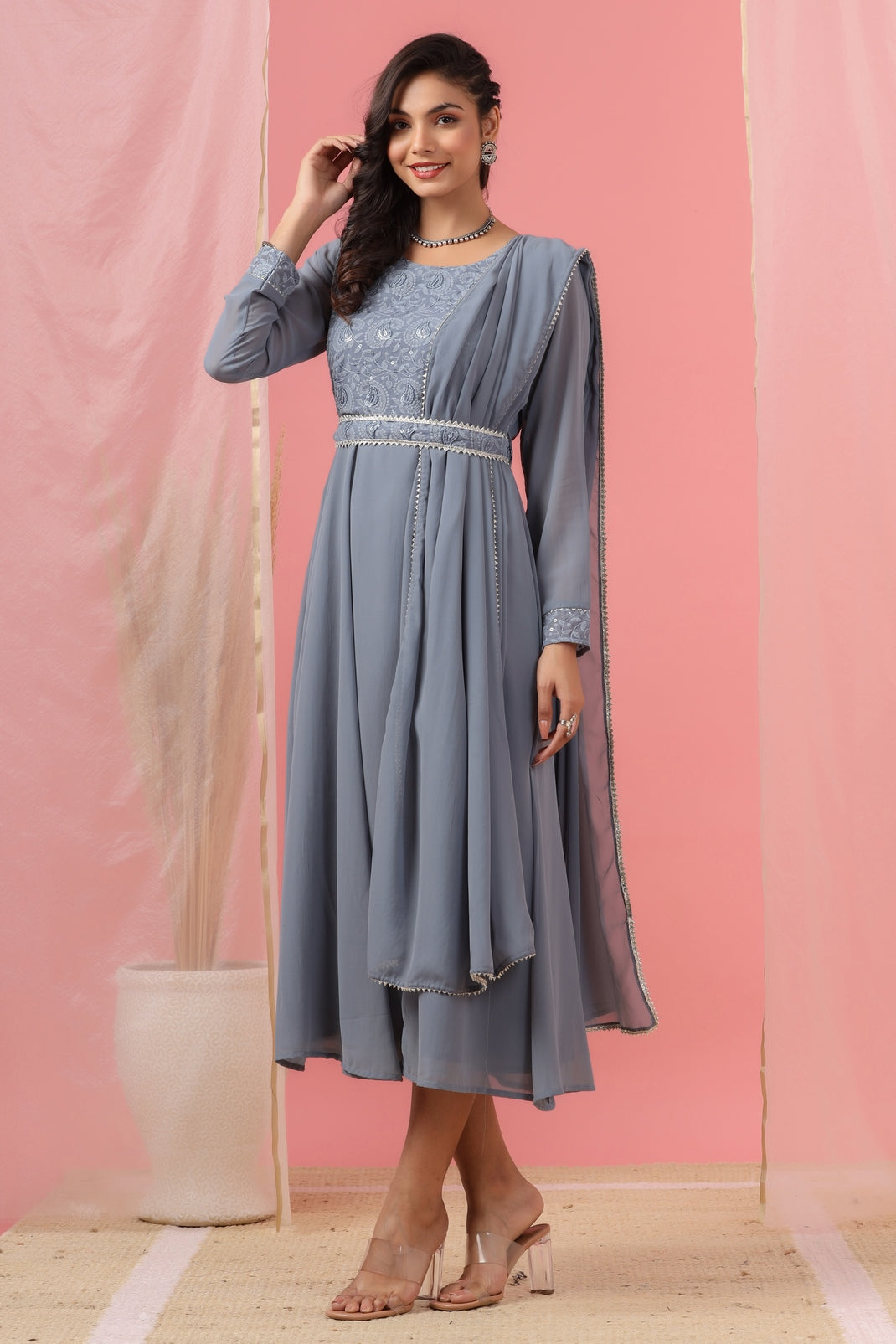 Women`s Grey Georgette Embroidered Flared Dress