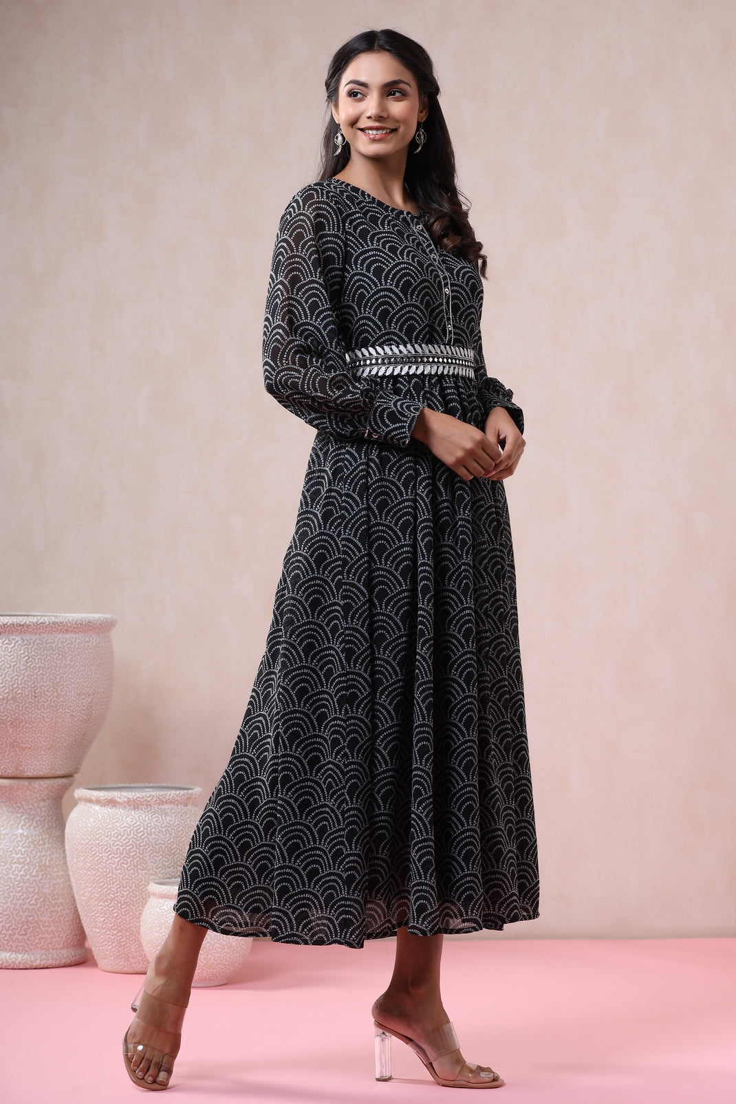 Women`s Black Georgette Printed Flared Dress