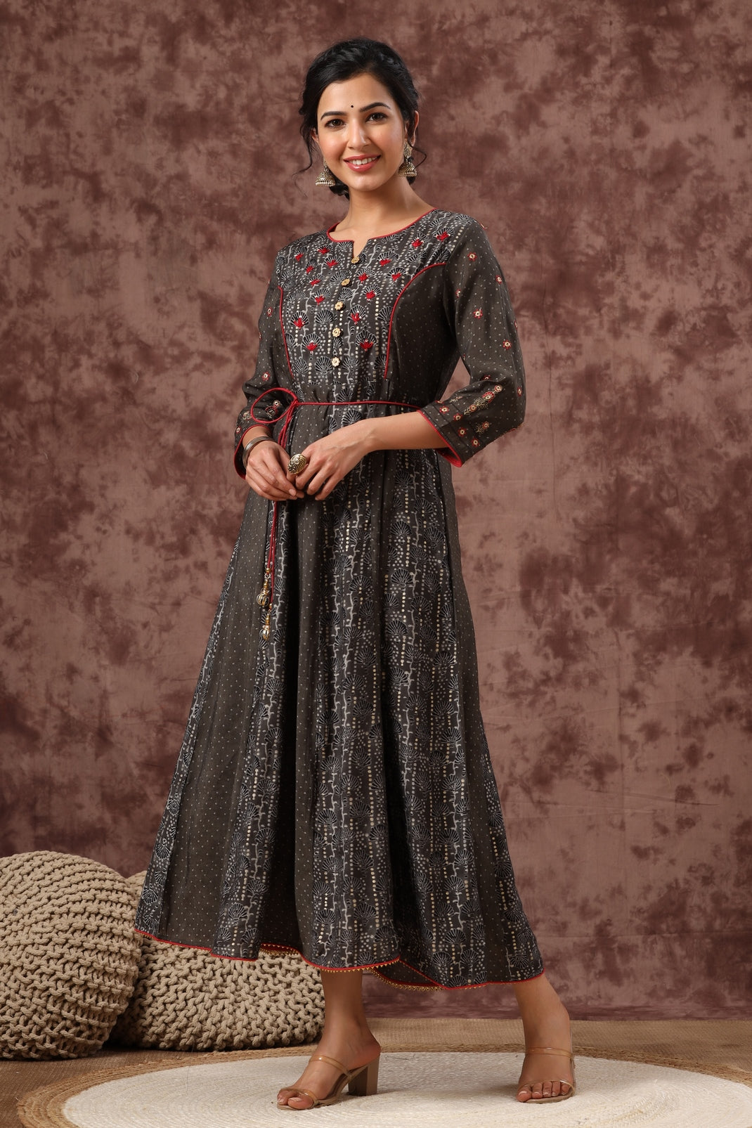 Women`s Grey Chanderi Silk Embroidered Anarkali Dress