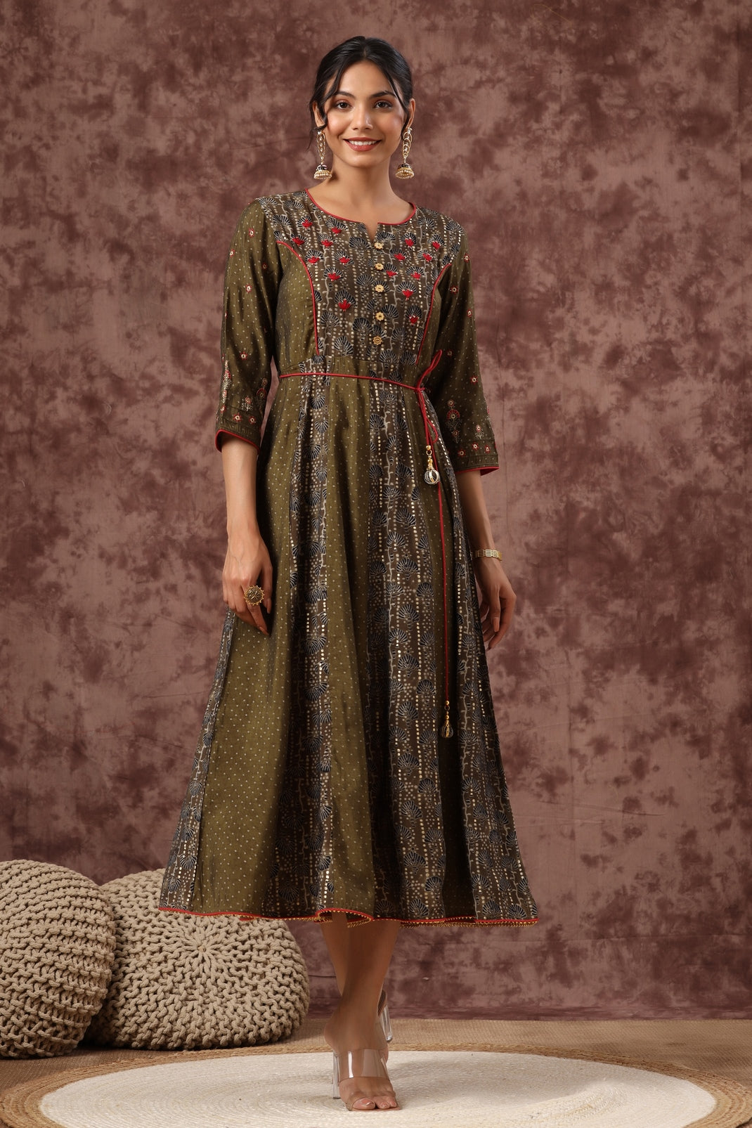 Women`s Olive Chanderi Silk Embroidered Anarkali Dress
