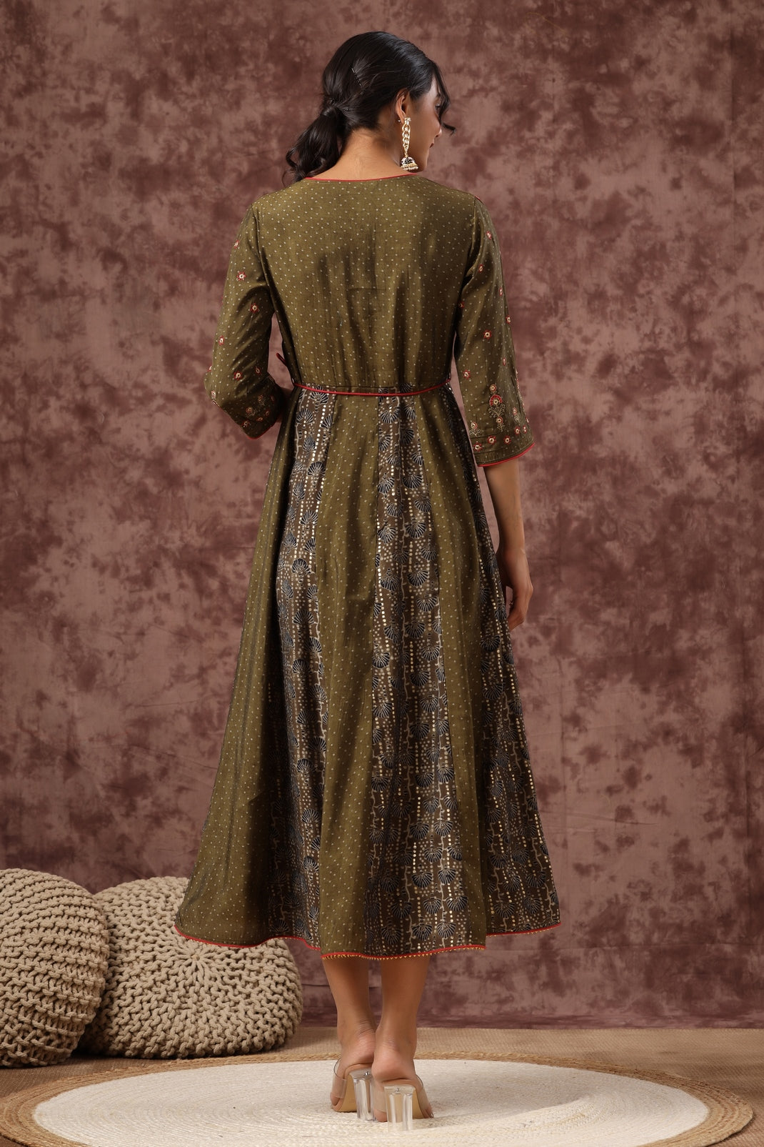 Women`s Olive Chanderi Silk Embroidered Anarkali Dress