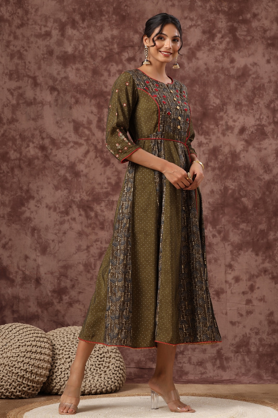 Women`s Olive Chanderi Silk Embroidered Anarkali Dress
