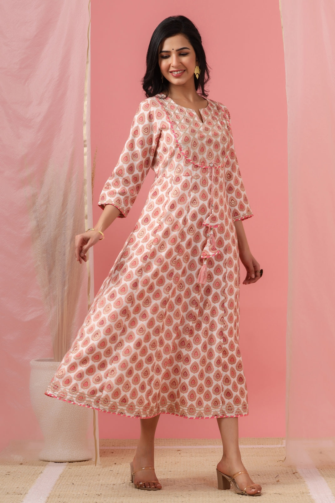 Women`s Coral Chanderi Silk Printed Flared Dress
