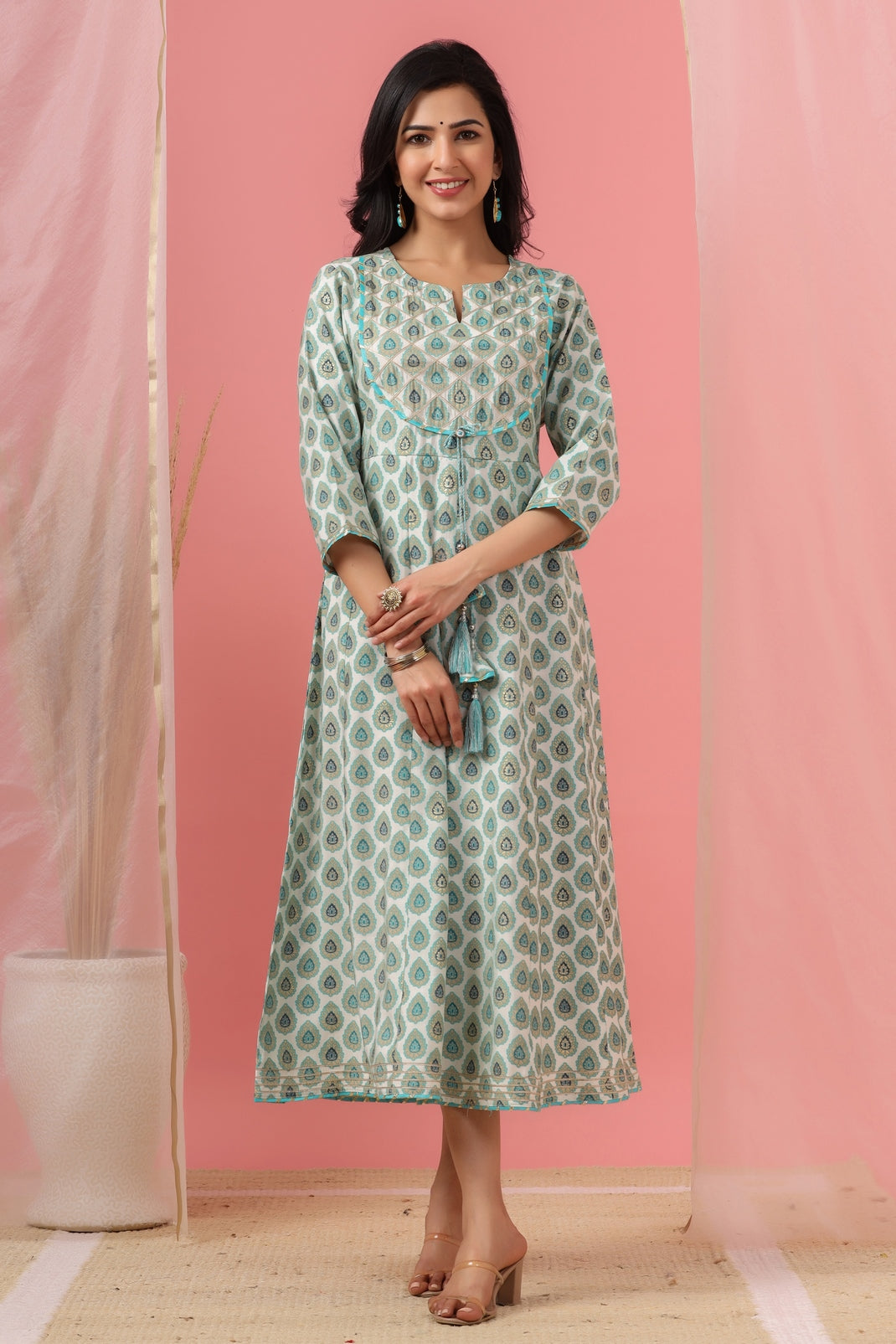 Women`s Sky Blue Chanderi Silk Printed Flared Dress