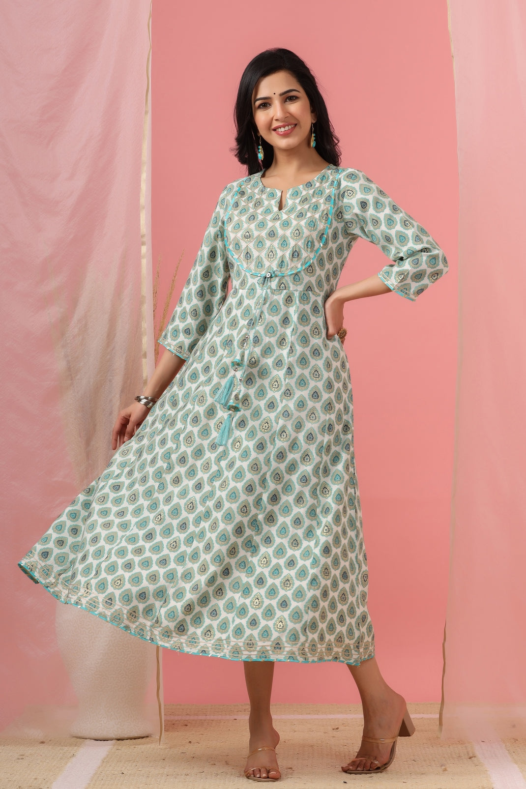 Women`s Sky Blue Chanderi Silk Printed Flared Dress