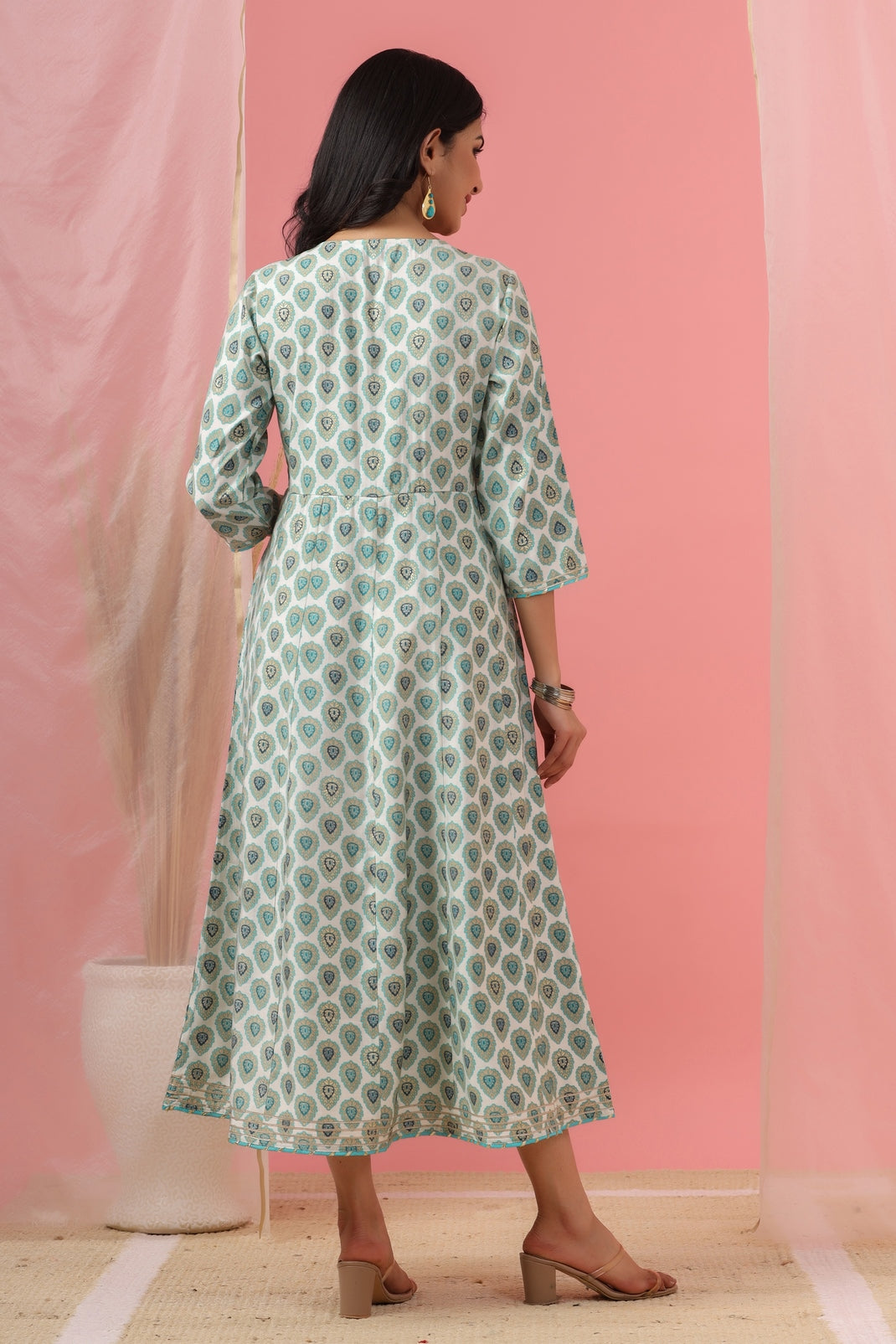 Women`s Sky Blue Chanderi Silk Printed Flared Dress