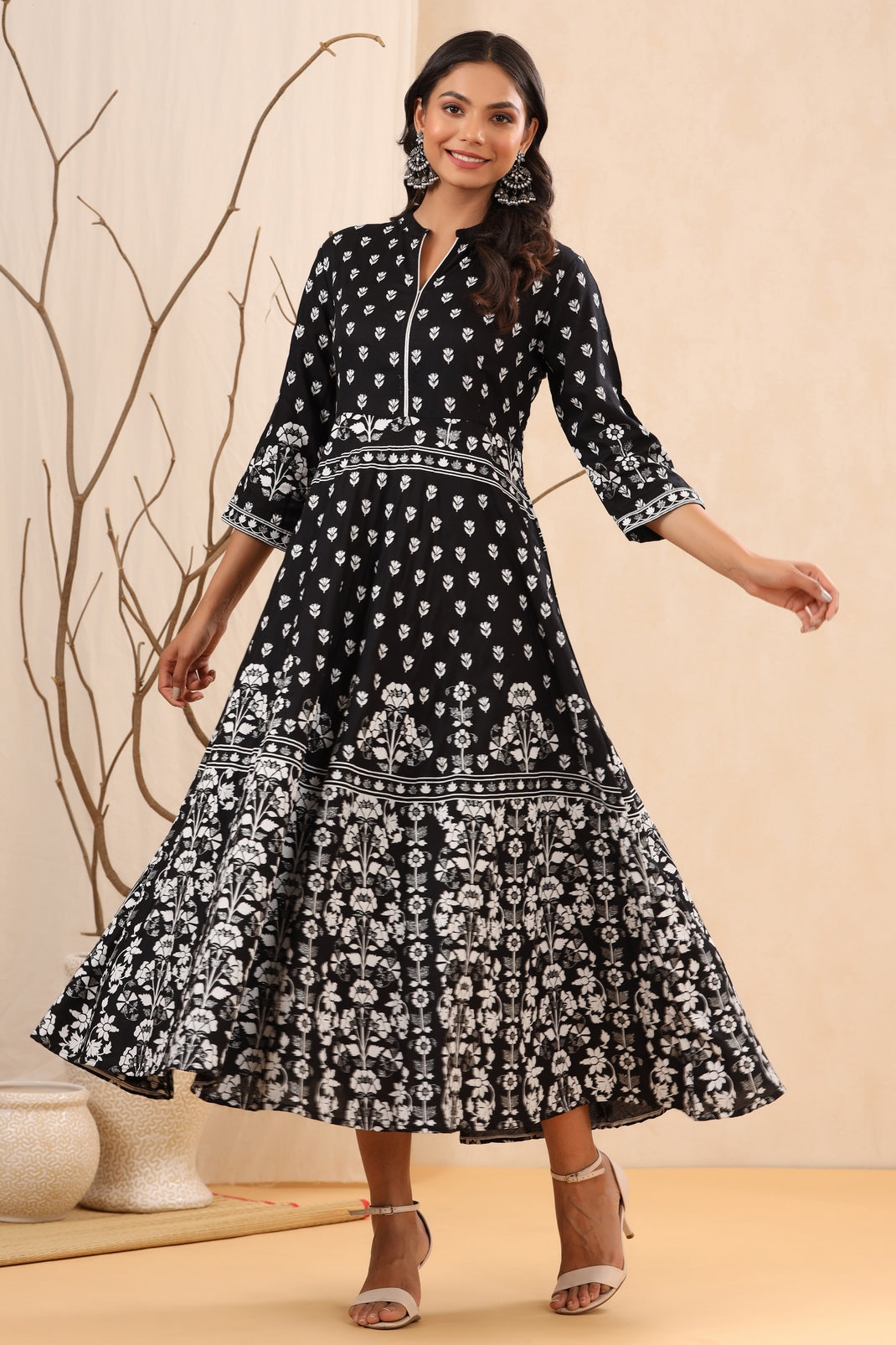 Women`s Black Rayon Printed A-Line Dress