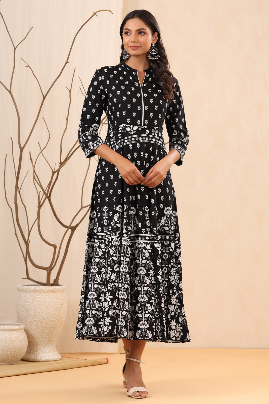 Women`s Black Rayon Printed A-Line Dress