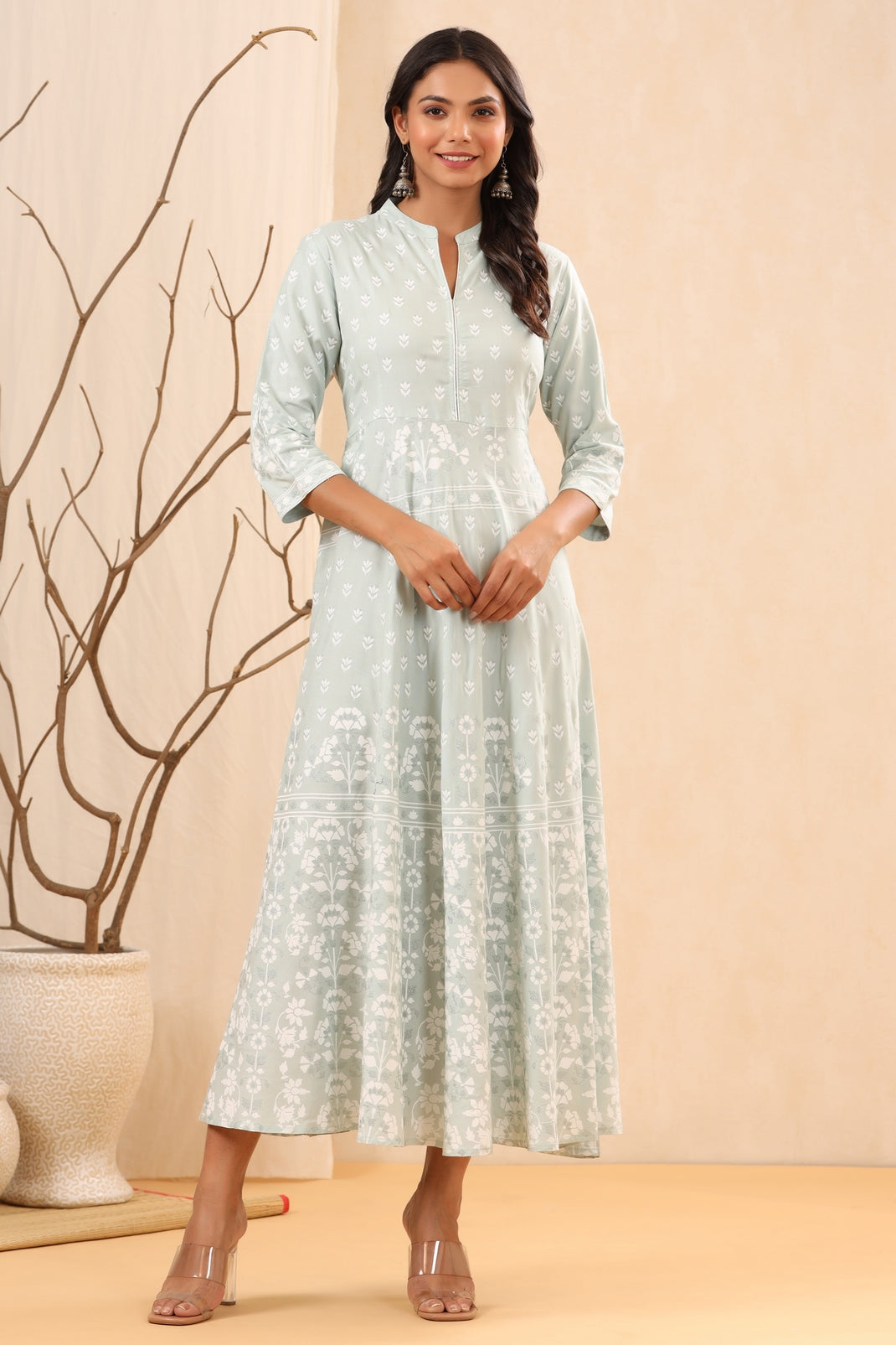 Women`s Mintgreen Rayon Printed A-Line Dress